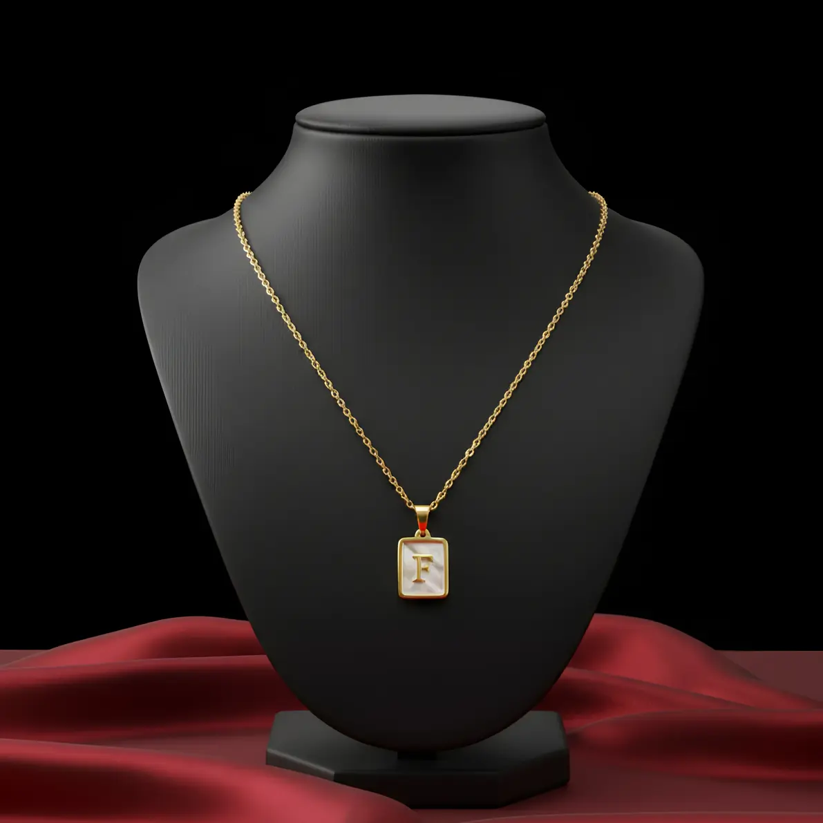 Gold Initial Letter F Mother of Pearl Rectangle Pendant Necklace - Image 3