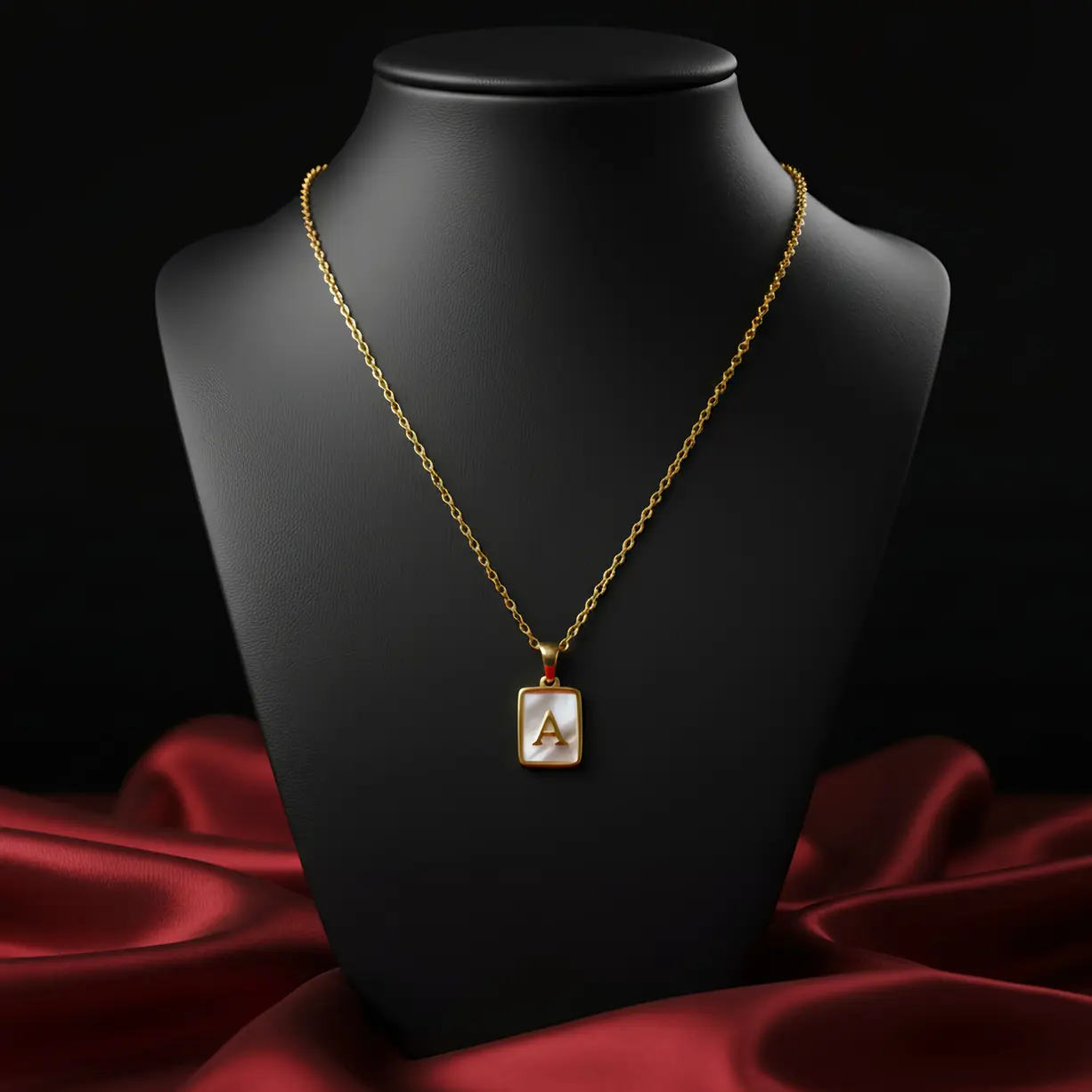 Gold Initial Letter A Mother of Pearl Rectangle Pendant Necklace - Image 3