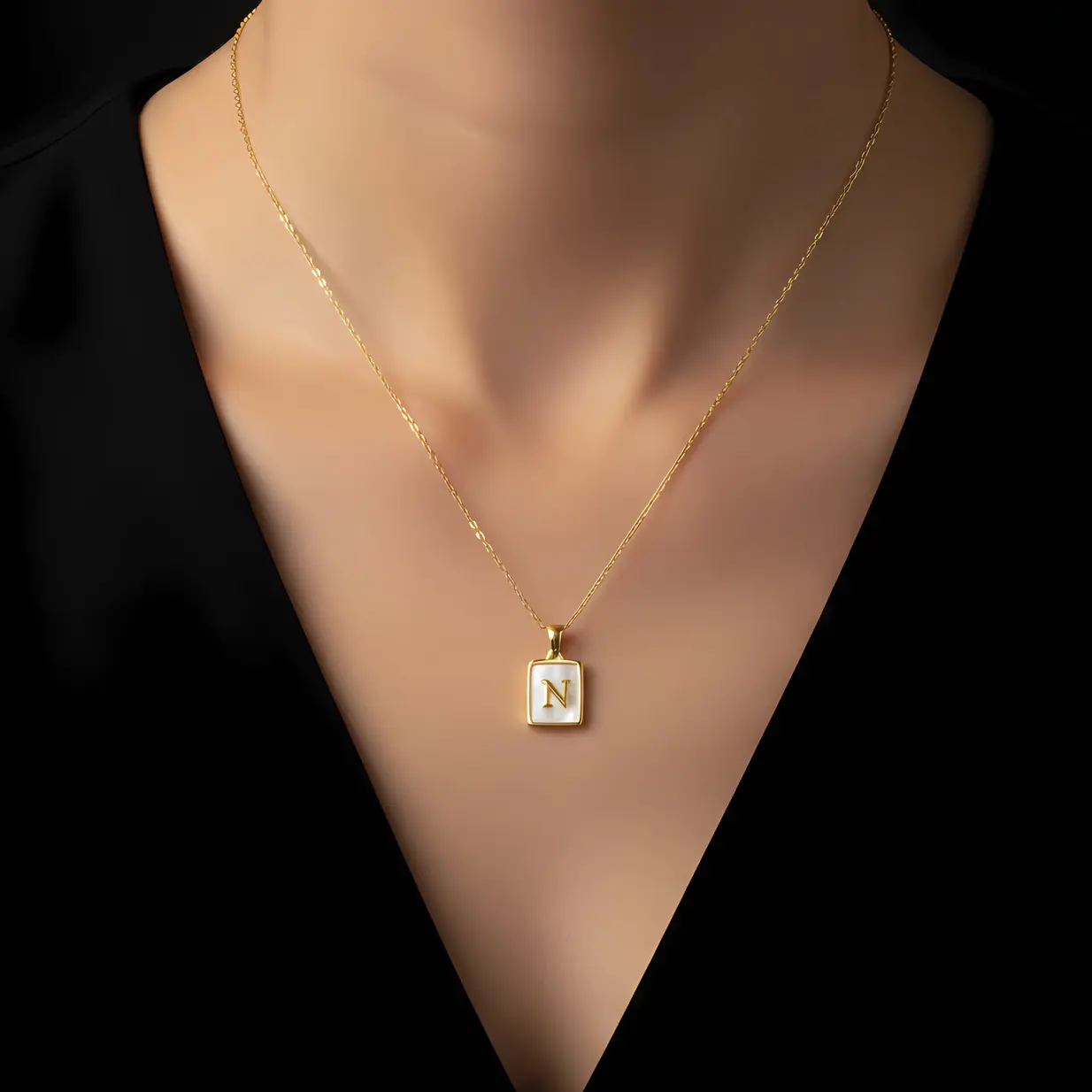 Alternative view of Gold Initial Letter N Mother of Pearl Rectangle Pendant Necklace