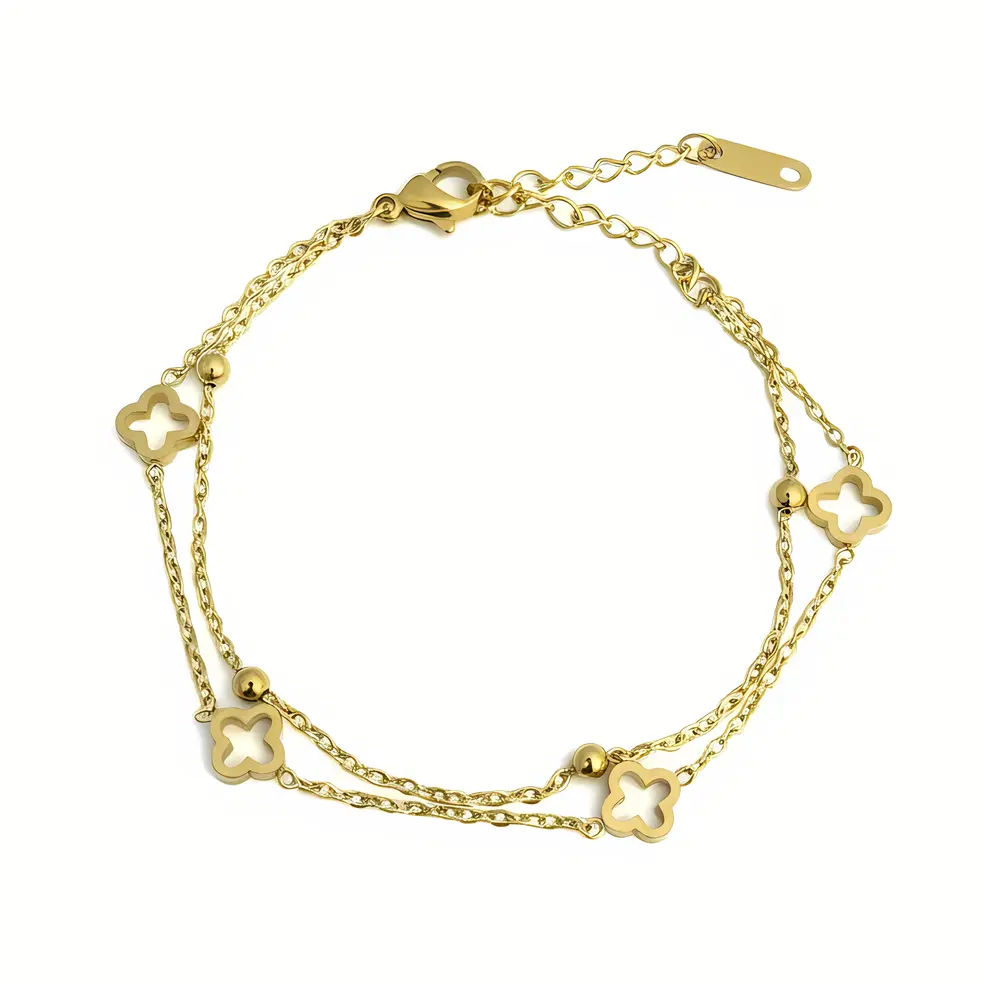 Strand Bracelet with Open Clover Charms and Beads