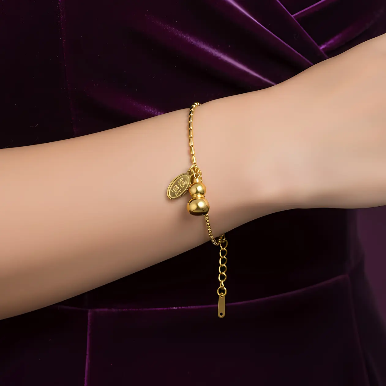 Alternative view of Dual Chain Bracelet with Bead Drops & Engraved Charm