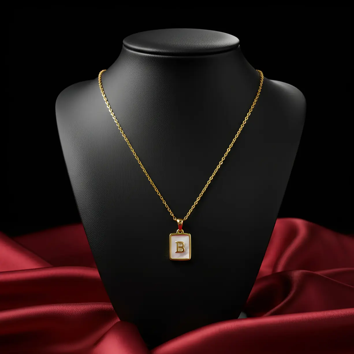 Gold Initial Letter B Mother of Pearl Rectangle Pendant Necklace - Image 4