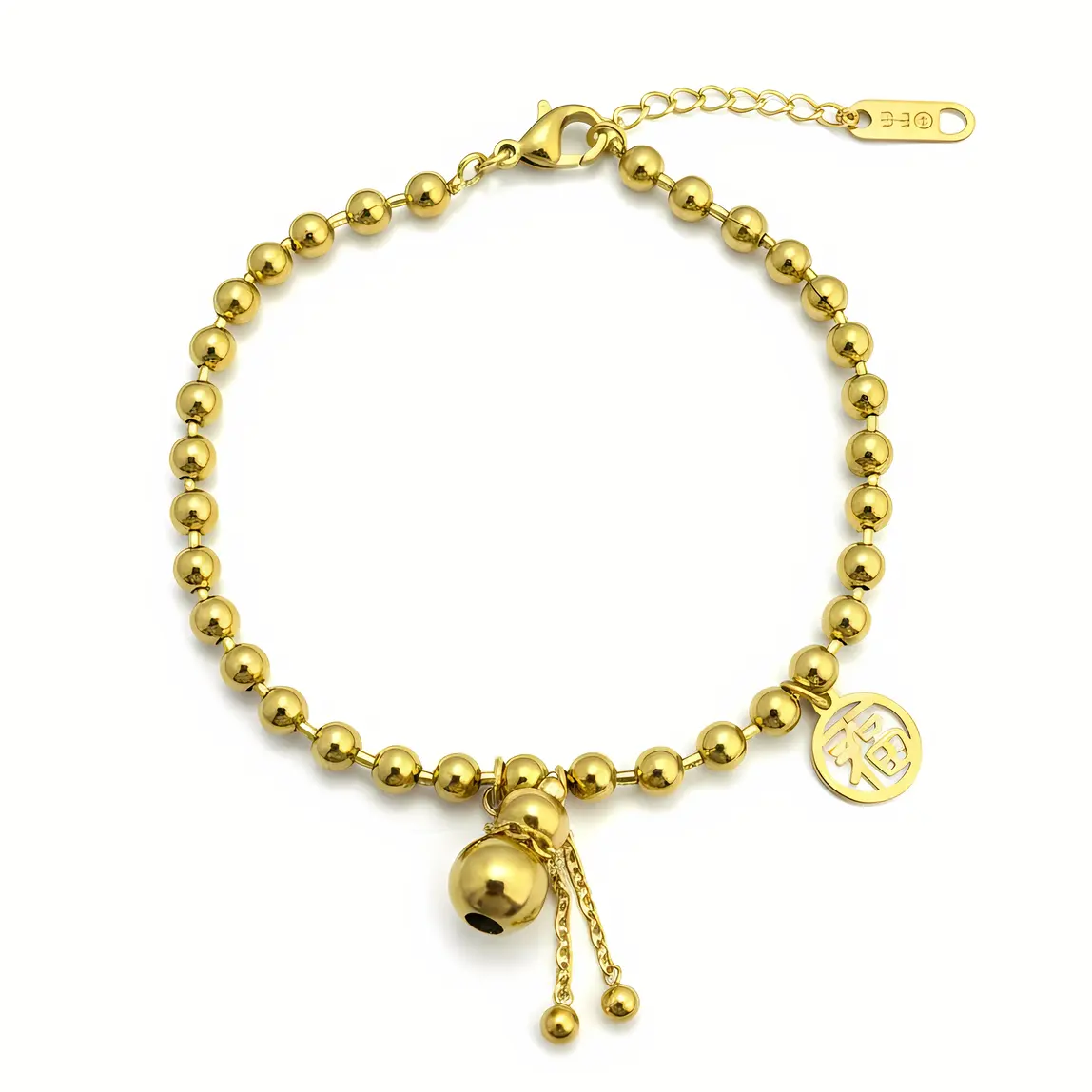 Beaded Bracelet with Lucky Bell & Fu Character Charm