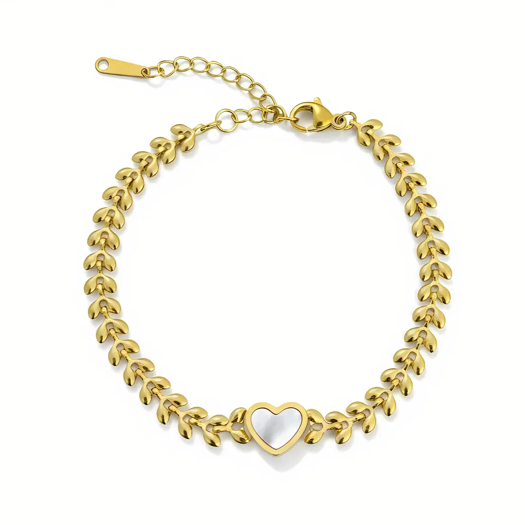 Gold Leaf Link Bracelet with Mother of Pearl Heart Charm