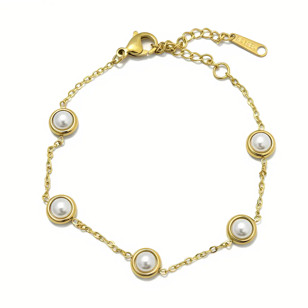 Gold Chain Bracelet with Bezel Set Pearl Disc Accents