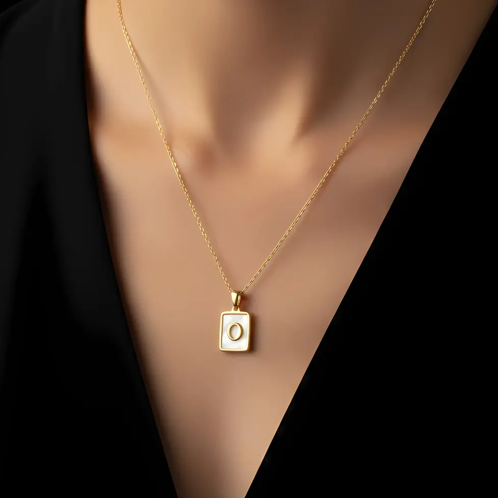Alternative view of Gold Initial Letter O Mother of Pearl Rectangle Pendant Necklace