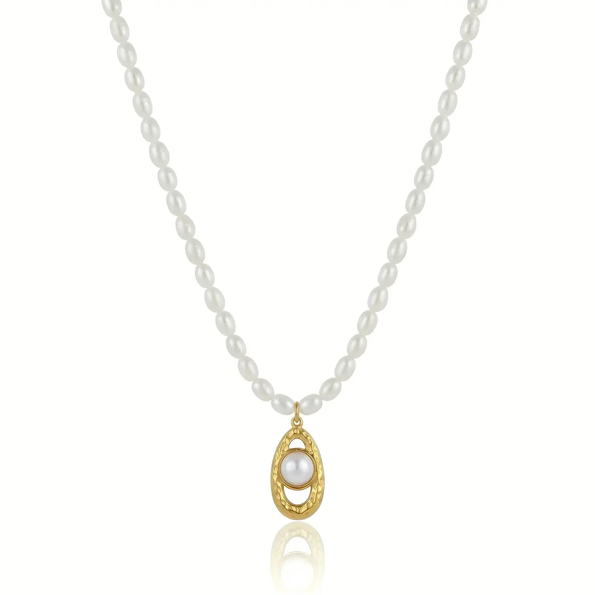 Pearl Beaded Necklace with Hammered Oval Pearl Pendant