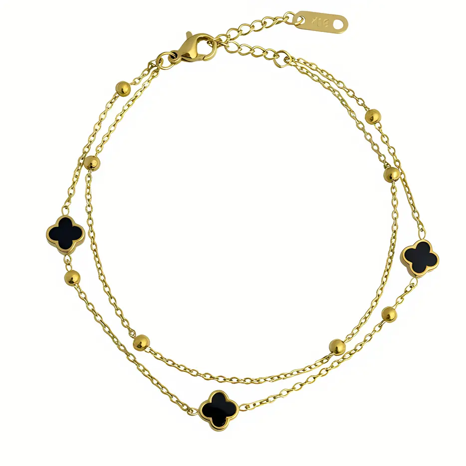 Double Layer Black Clover & Bead Chain Bracelet