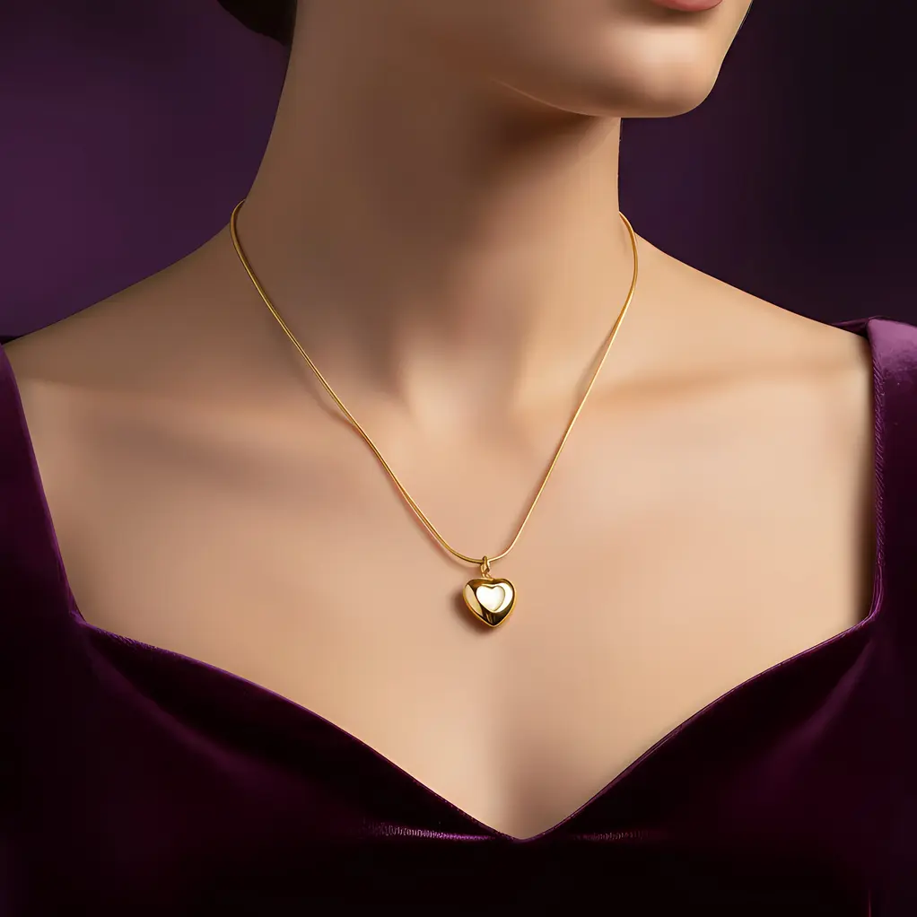 Alternative view of Snake Chain Necklace with Puffy Heart Shell Pearl Inlay Pendant