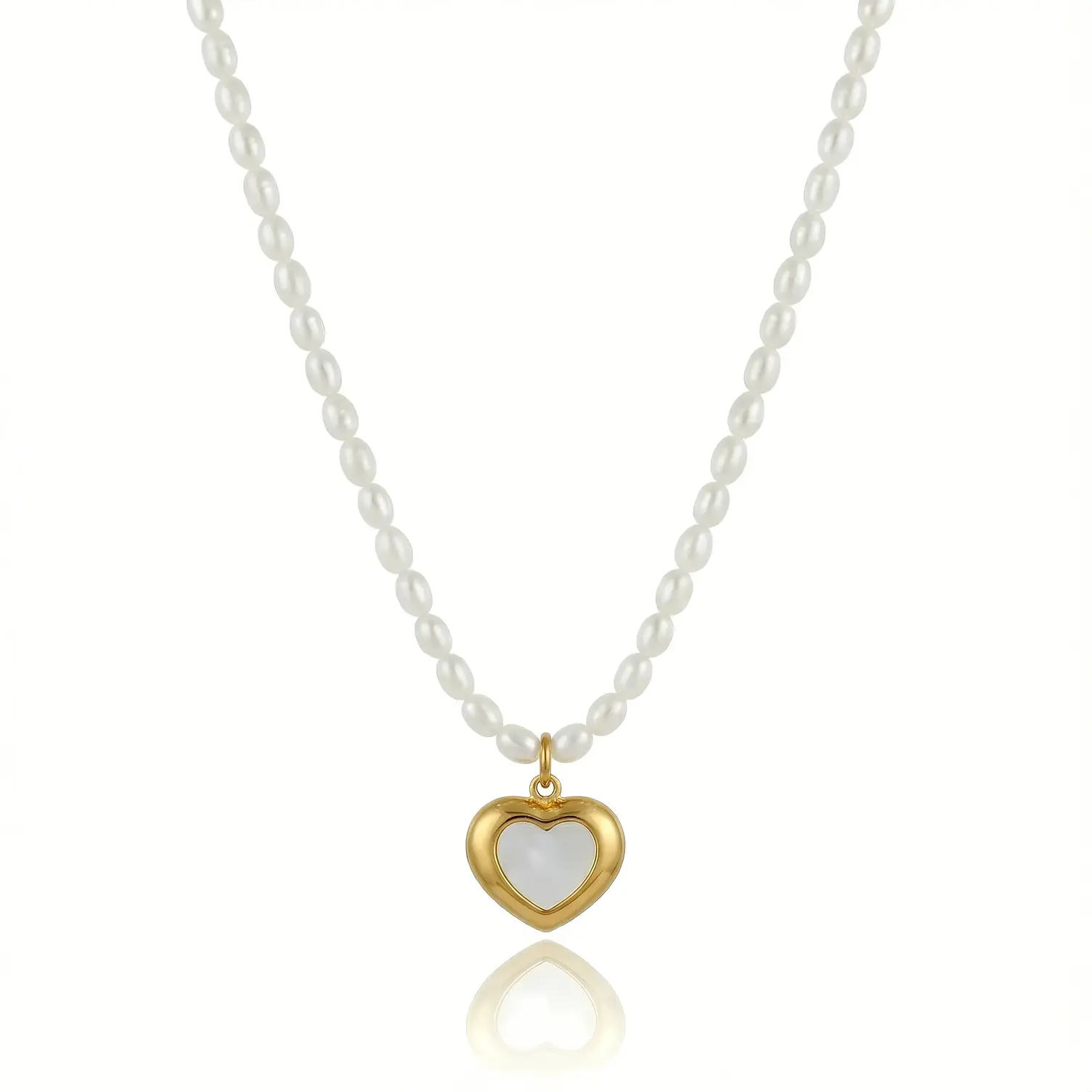 White Pearl Strand Necklace with Puffy Shell Pearl Heart Charm