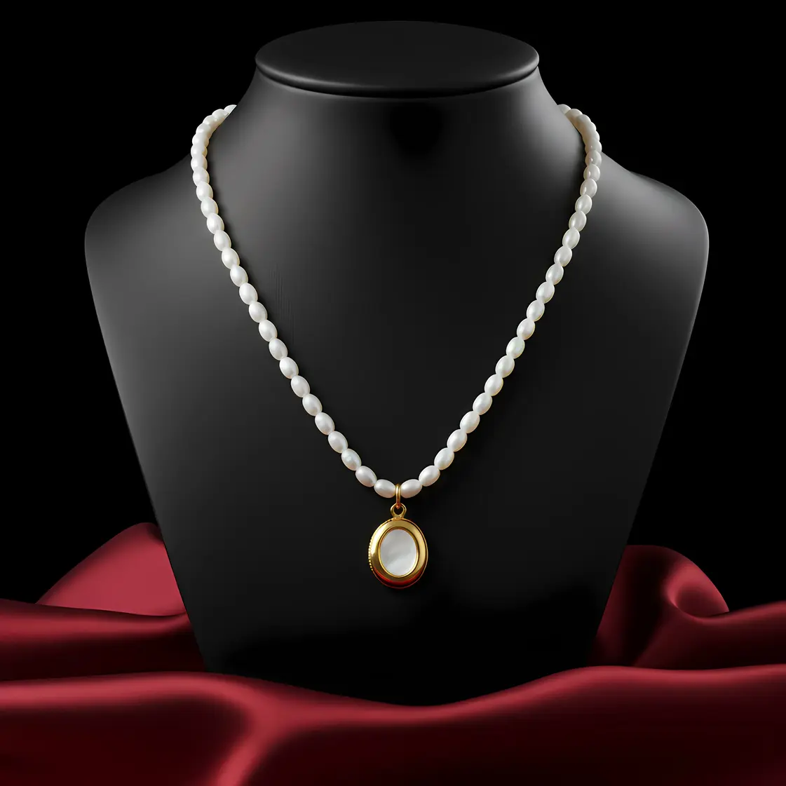 White Pearl Strand Necklace with Shell Pearl Oval Frame Charm - Image 3