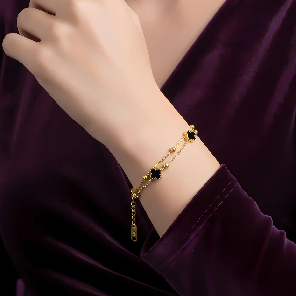 Alternative view of Double Layer Black Clover & Bead Chain Bracelet