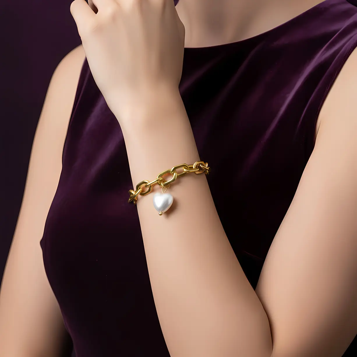 Alternative view of Chunky Gold Chain Bracelet with Pearl Heart Charm