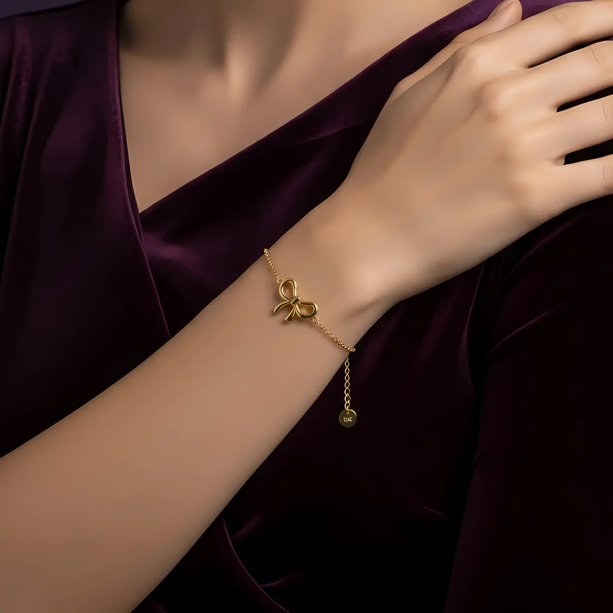 Alternative view of Puffy Bow Charm Dainty Chain Bracelet