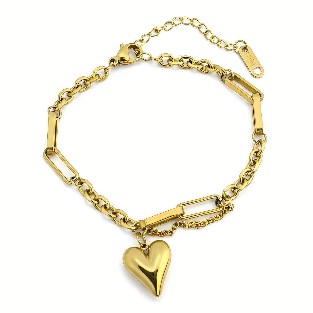 Gold Link Bracelet with Bar Chain & Heart Charm