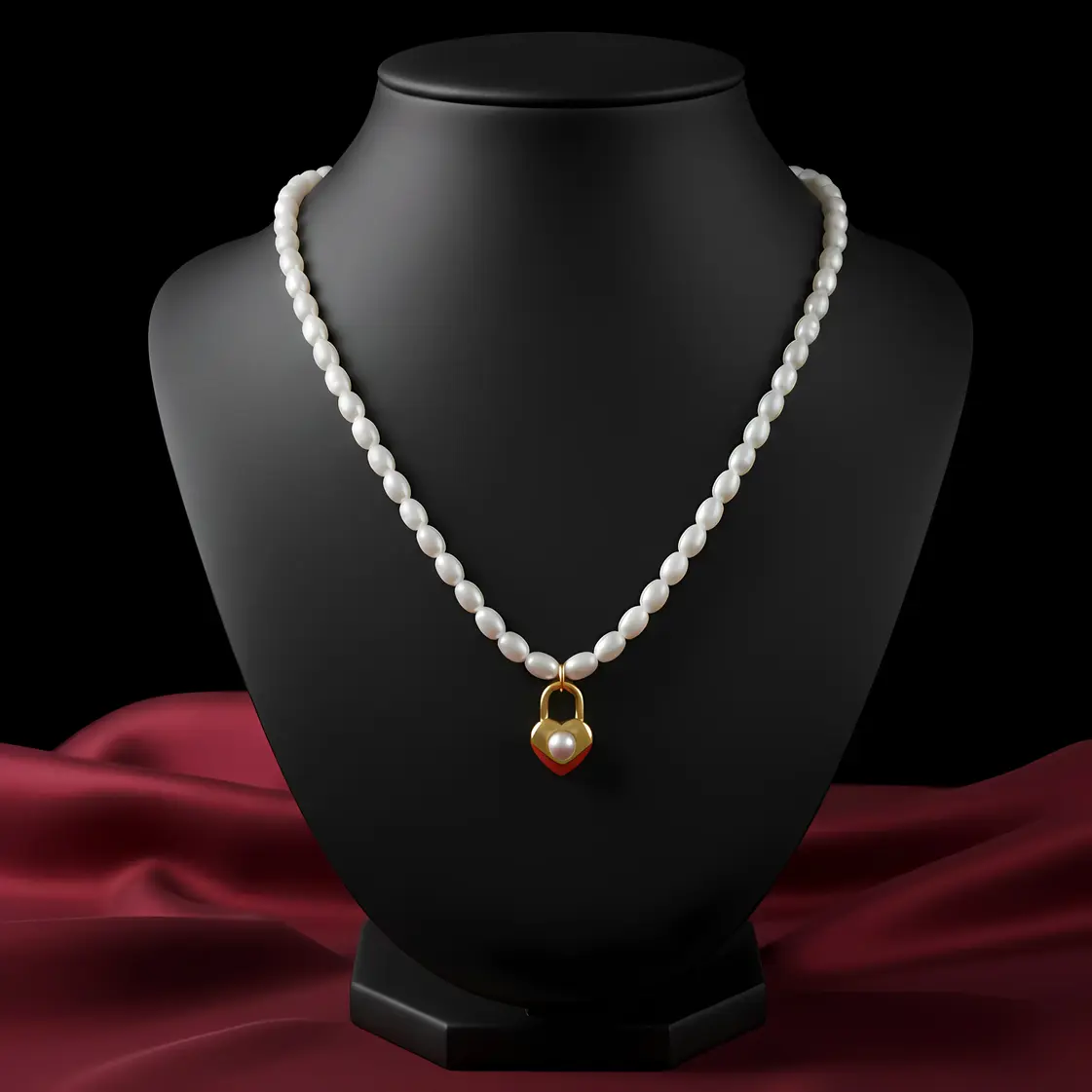 White Pearl Strand Necklace with Heart Padlock Pearl Charm - Image 3