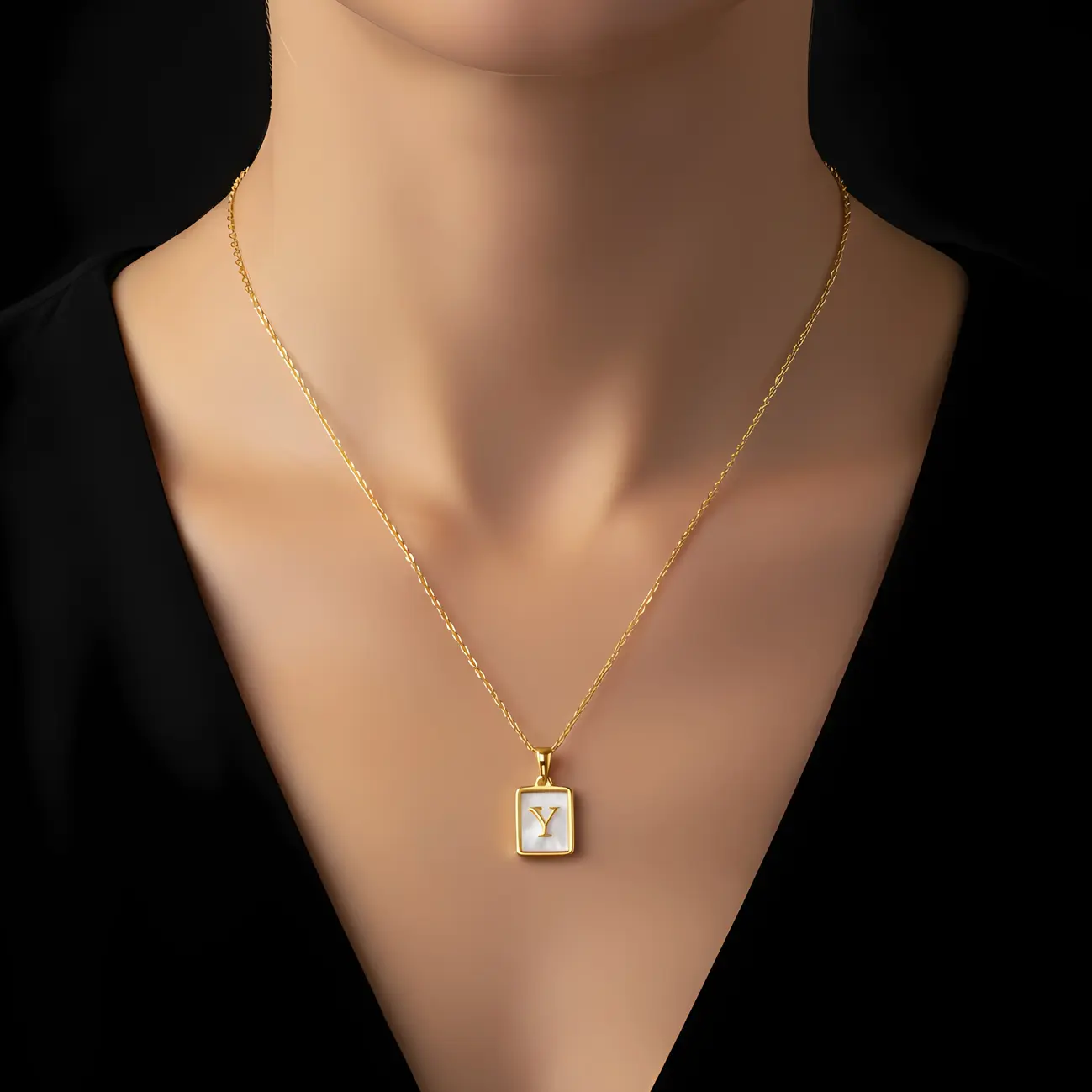 Alternative view of Gold Initial Letter Y Mother of Pearl Rectangle Pendant Necklace