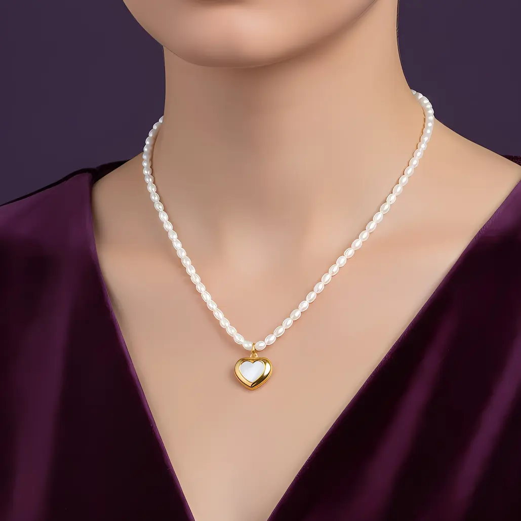 Alternative view of White Pearl Strand Necklace with Puffy Shell Pearl Heart Charm