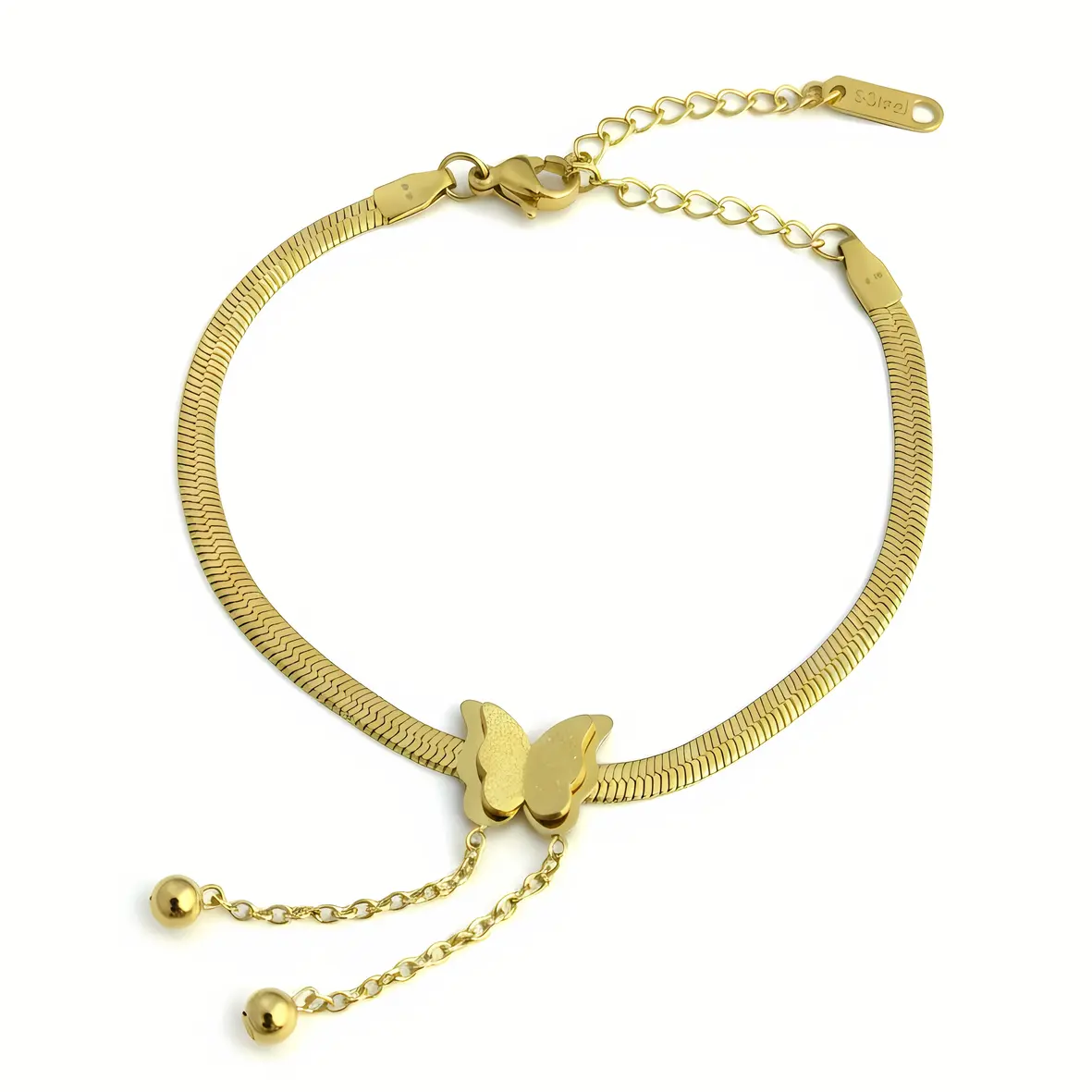 Snake Chain Bracelet with Butterfly Charm & Dangling Bead