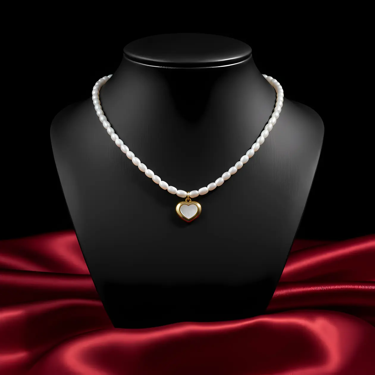 White Pearl Strand Necklace with Puffy Shell Pearl Heart Charm - Image 3