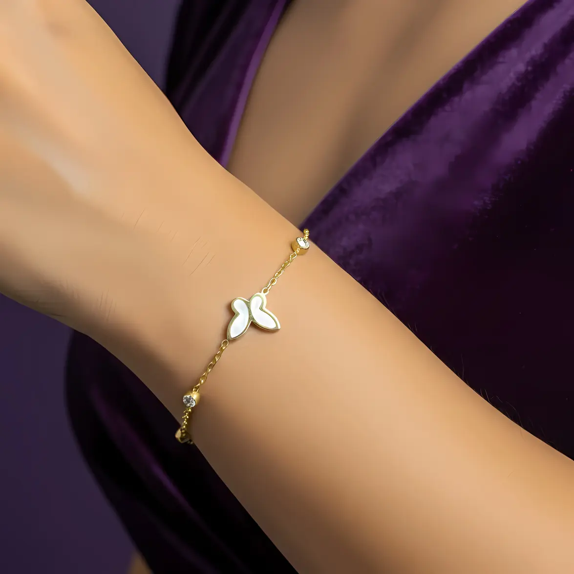 Alternative view of Gold Chain Bracelet with Butterfly Motifs, Mother of Pearl & Crystal Accents