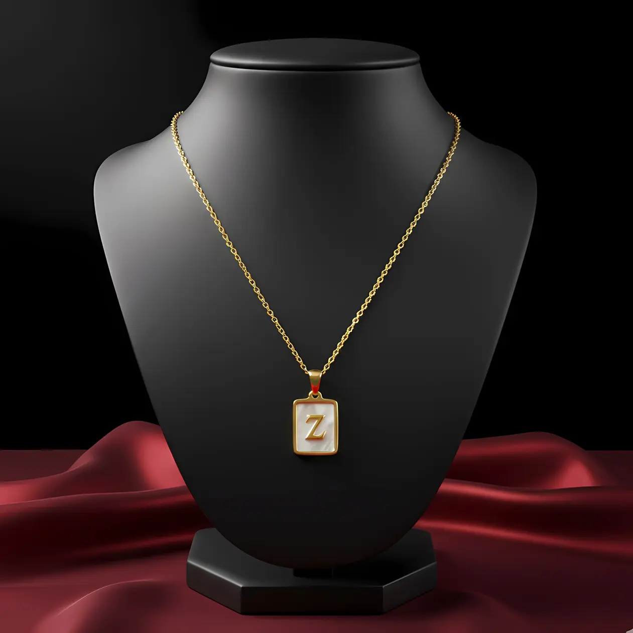 Gold Initial Letter Z Mother of Pearl Rectangle Pendant Necklace - Image 3
