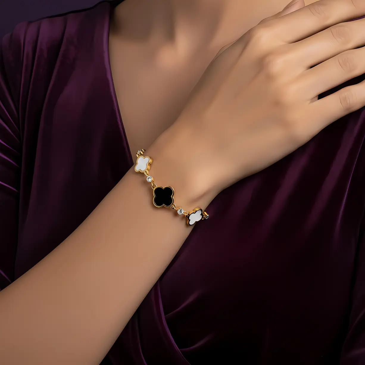 Alternative view of Clover Black & White Crystal Station Bracelet