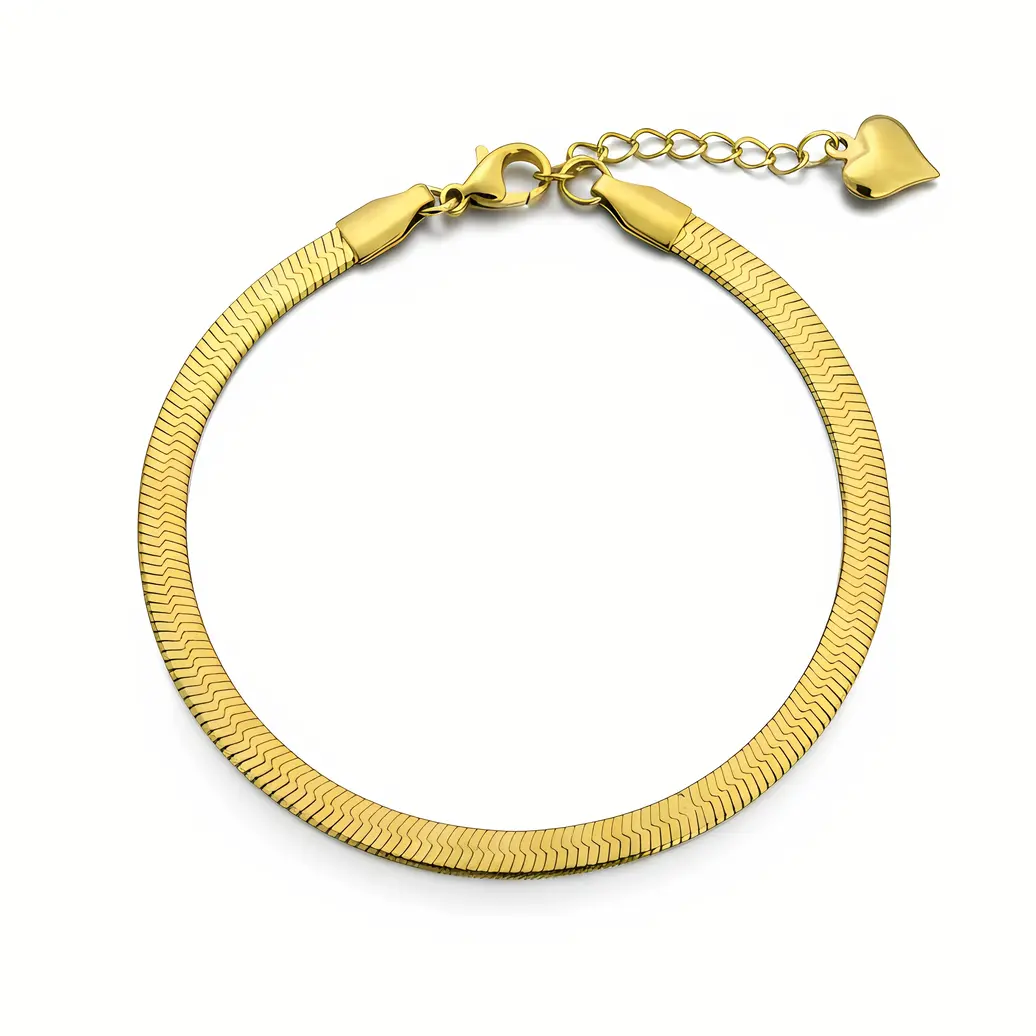 Gold Herringbone Flat Snake Bracelet with Heart Charm