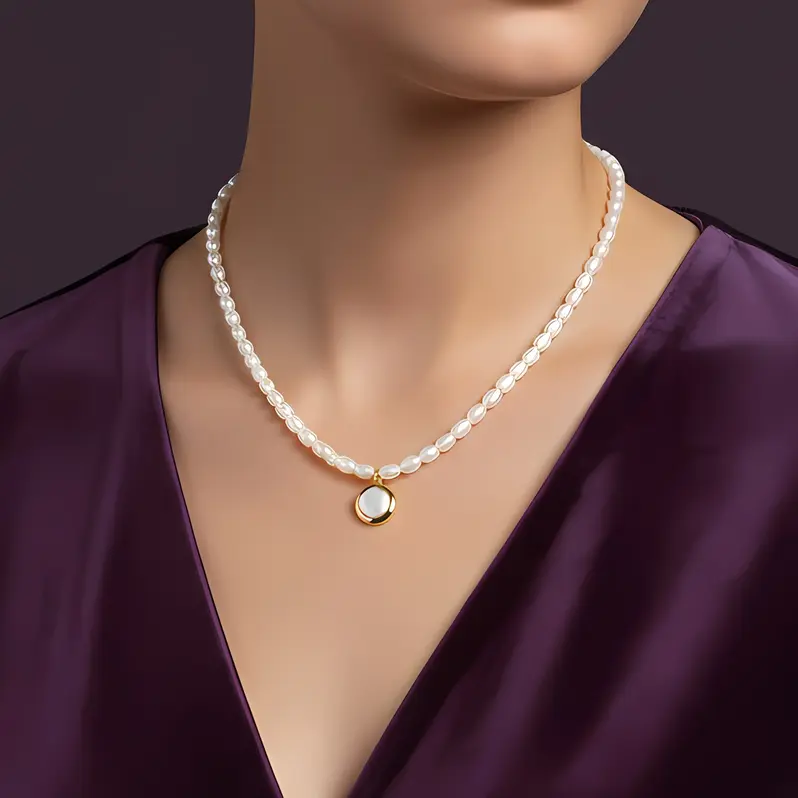 Alternative view of White Pearl Strand Necklace with Round Crystal Bezel Charm