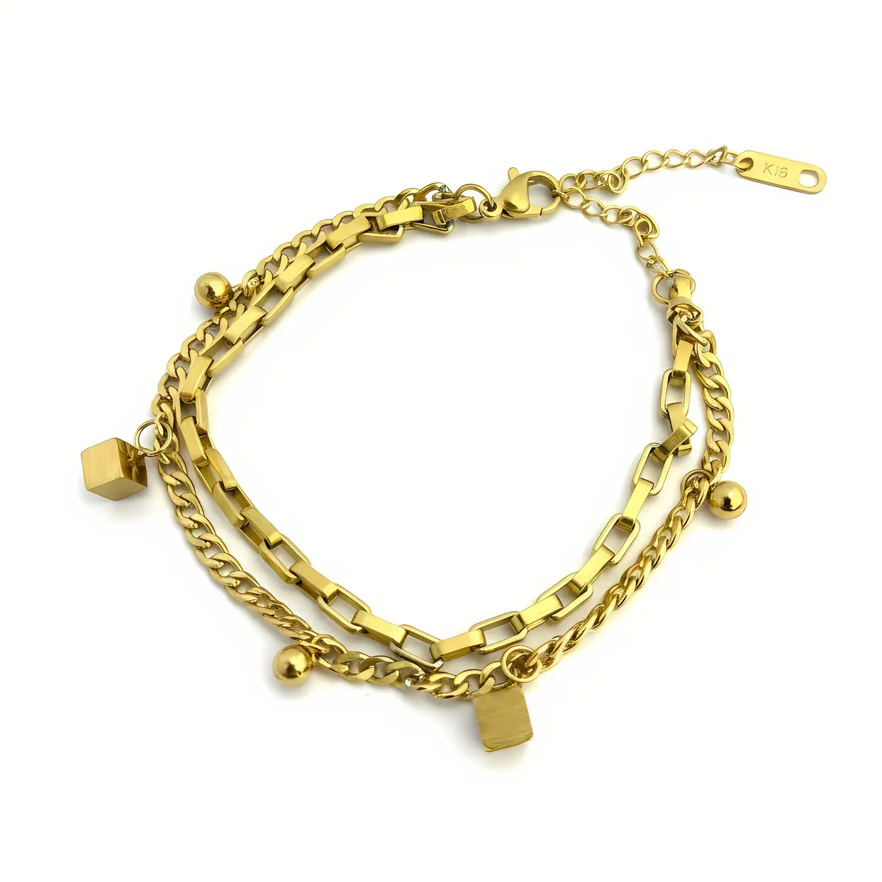 Gold Bracelet with Mixed Links & Geometric Charm Accents