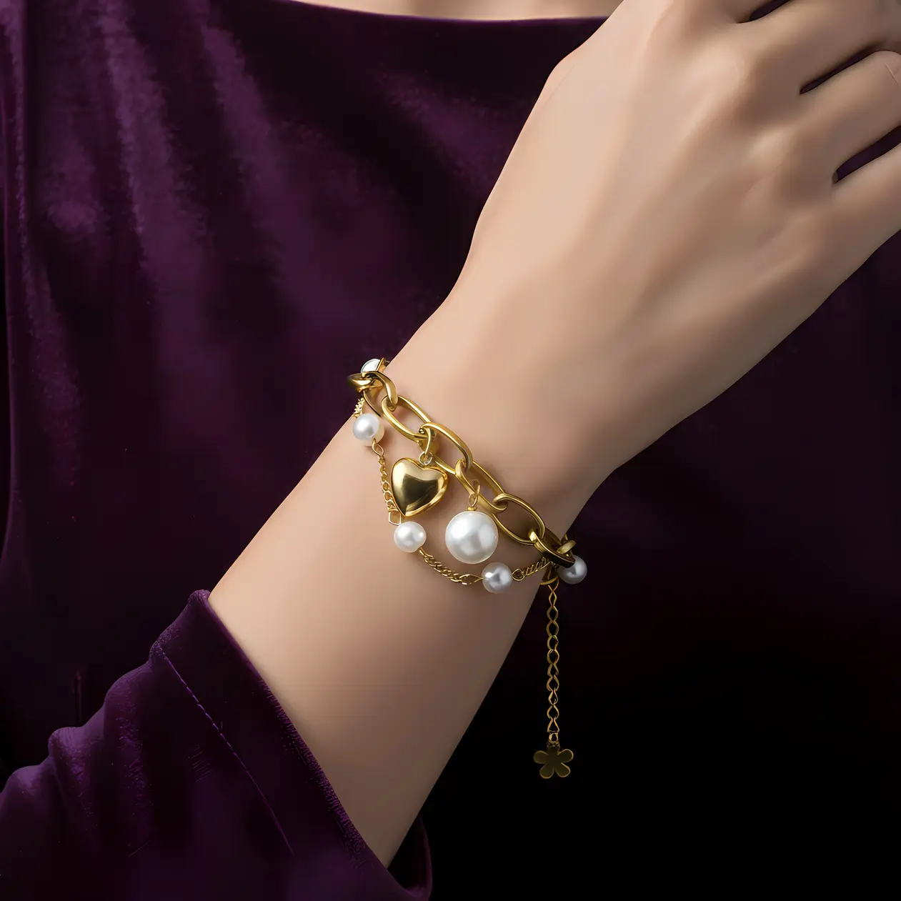 Alternative view of Gold Layered Link Bracelet with Pearl Accents & Heart Charm
