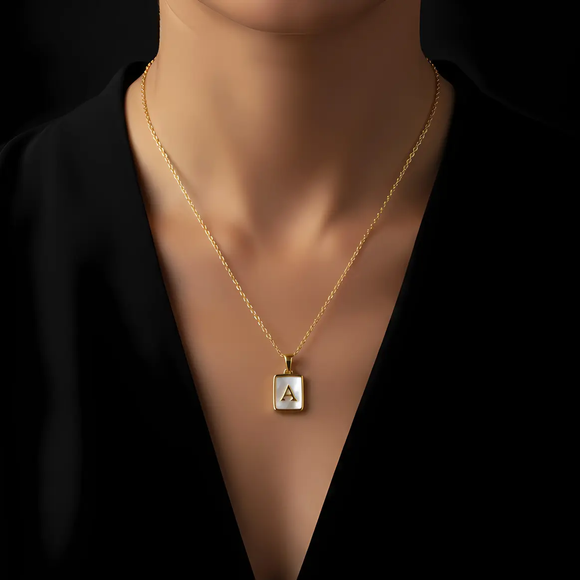 Alternative view of Gold Initial Letter A Mother of Pearl Rectangle Pendant Necklace