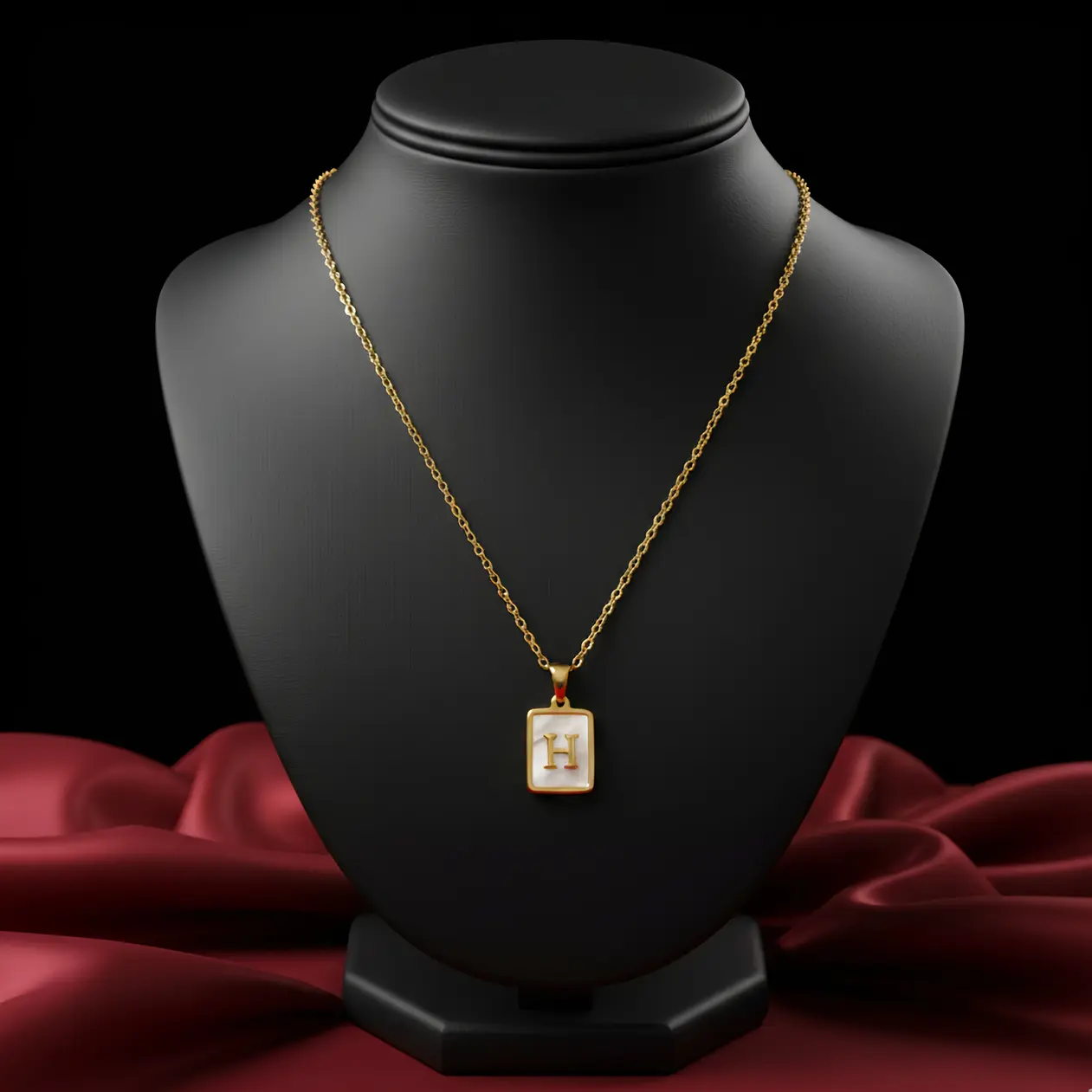 Gold Initial Letter H Mother of Pearl Rectangle Pendant Necklace - Image 3