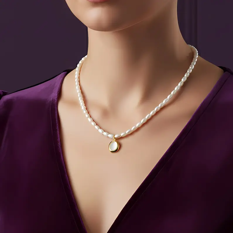 Alternative view of White Pearl Strand Necklace with Chunky Small Oval Shell Pearl Charm