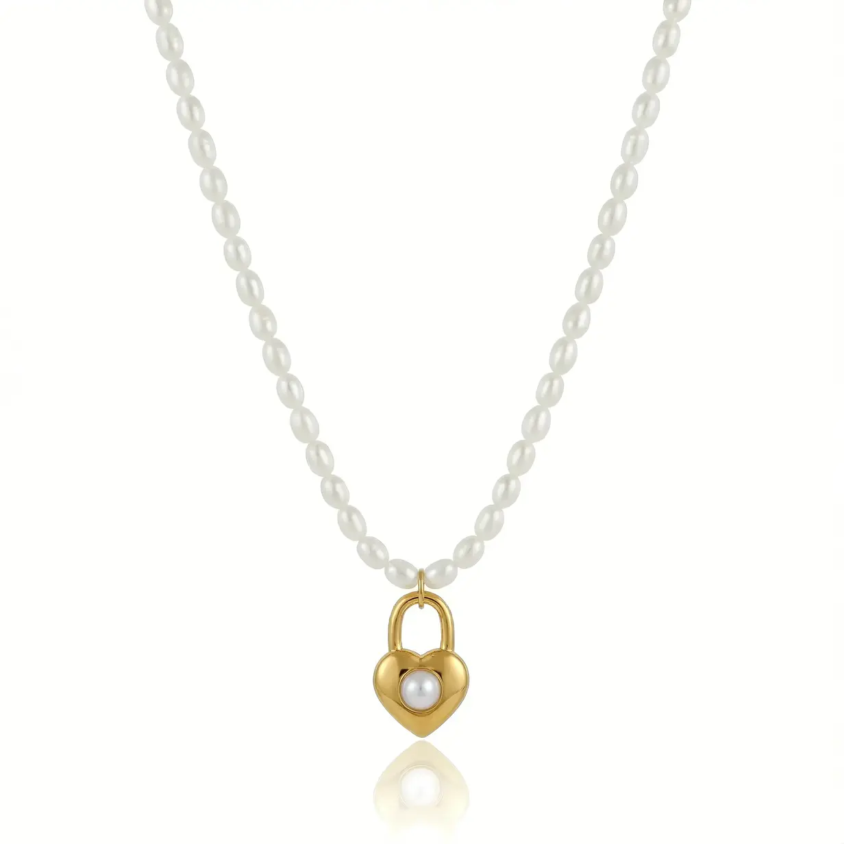 White Pearl Strand Necklace with Heart Padlock Pearl Charm