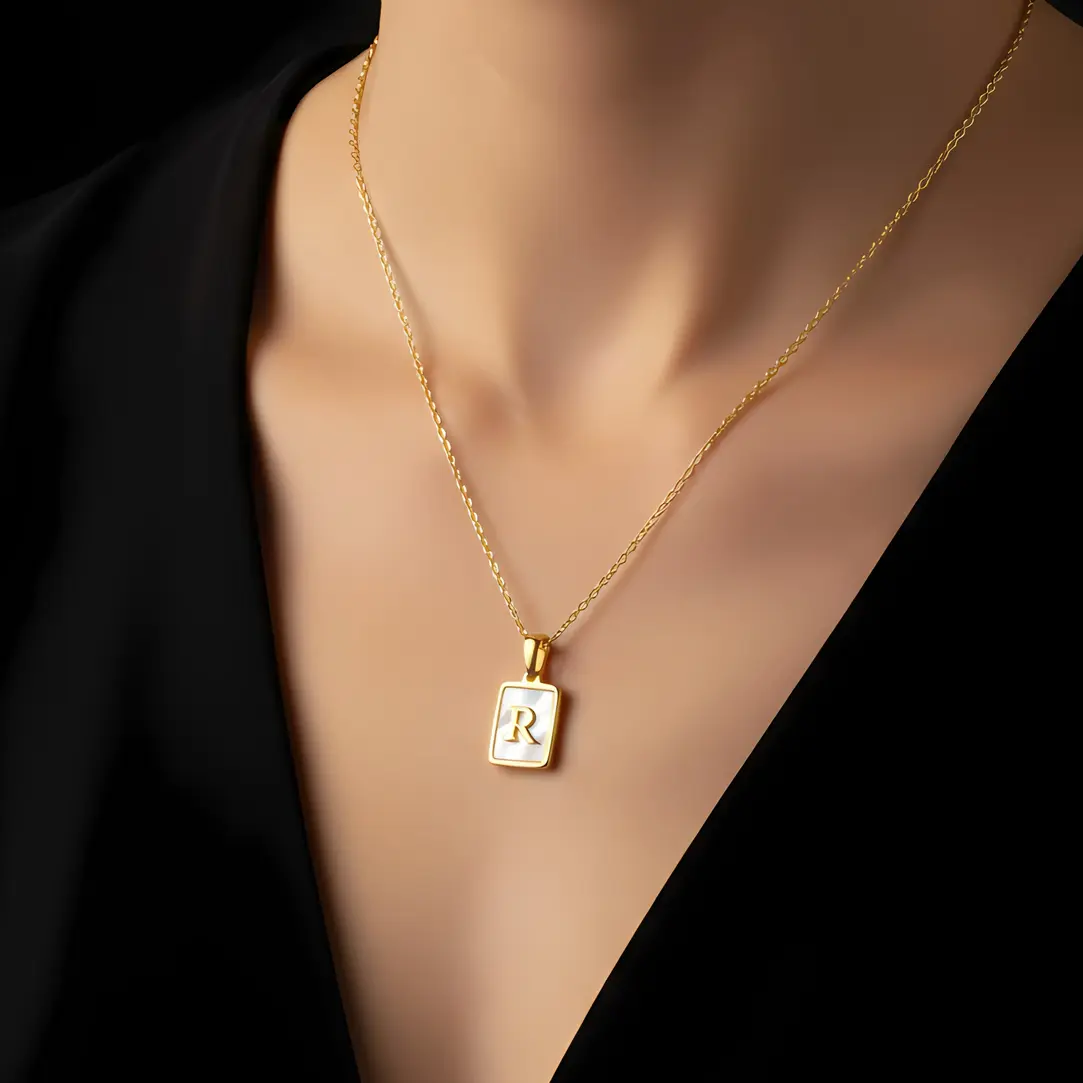 Alternative view of Gold Initial Letter R Mother of Pearl Rectangle Pendant Necklace