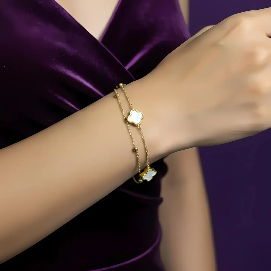 Alternative view of Double Layer Bracelet with White Mother of Pearl Clover Charms