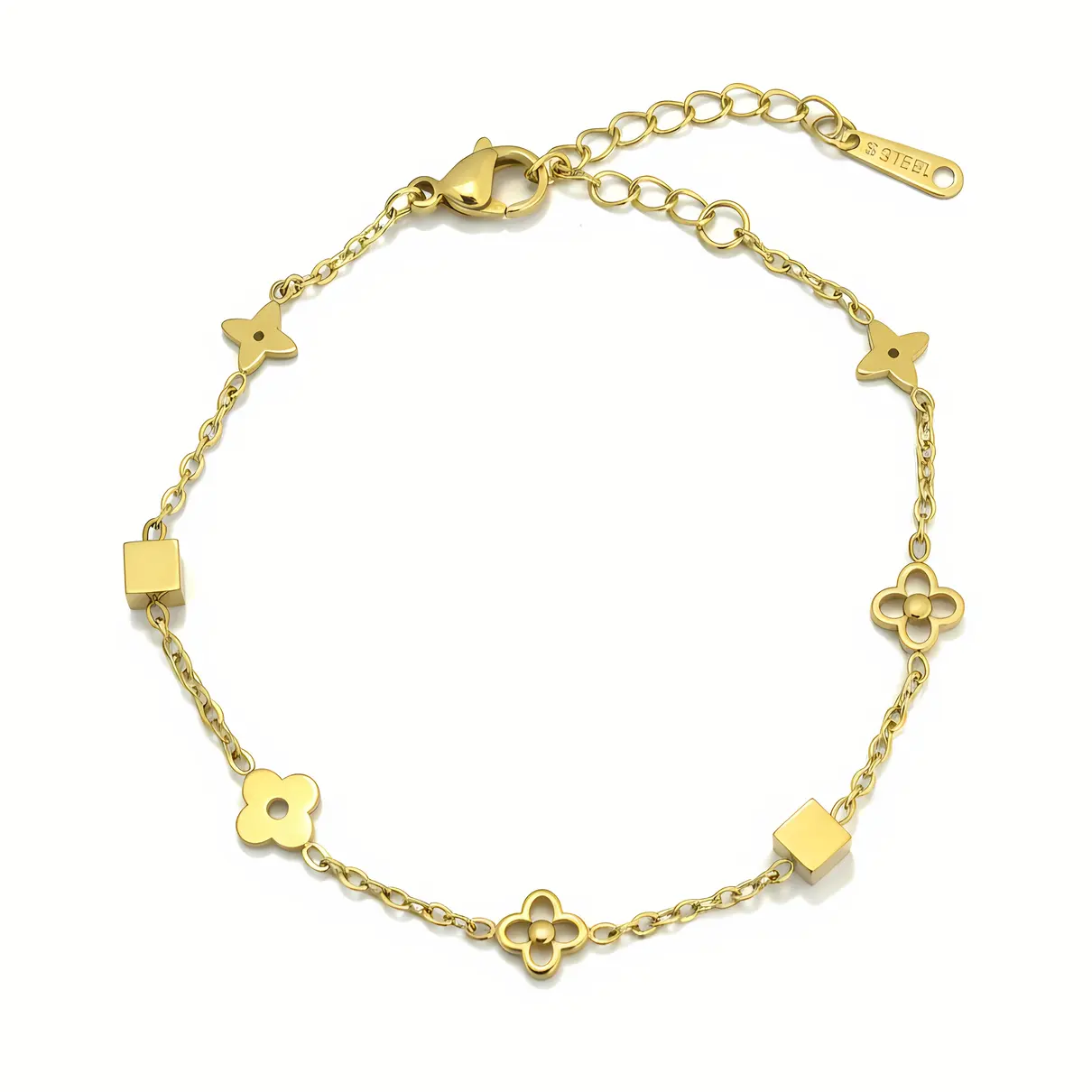Gold Chain Bracelet with Clover Motifs & Geometric Bead Accents