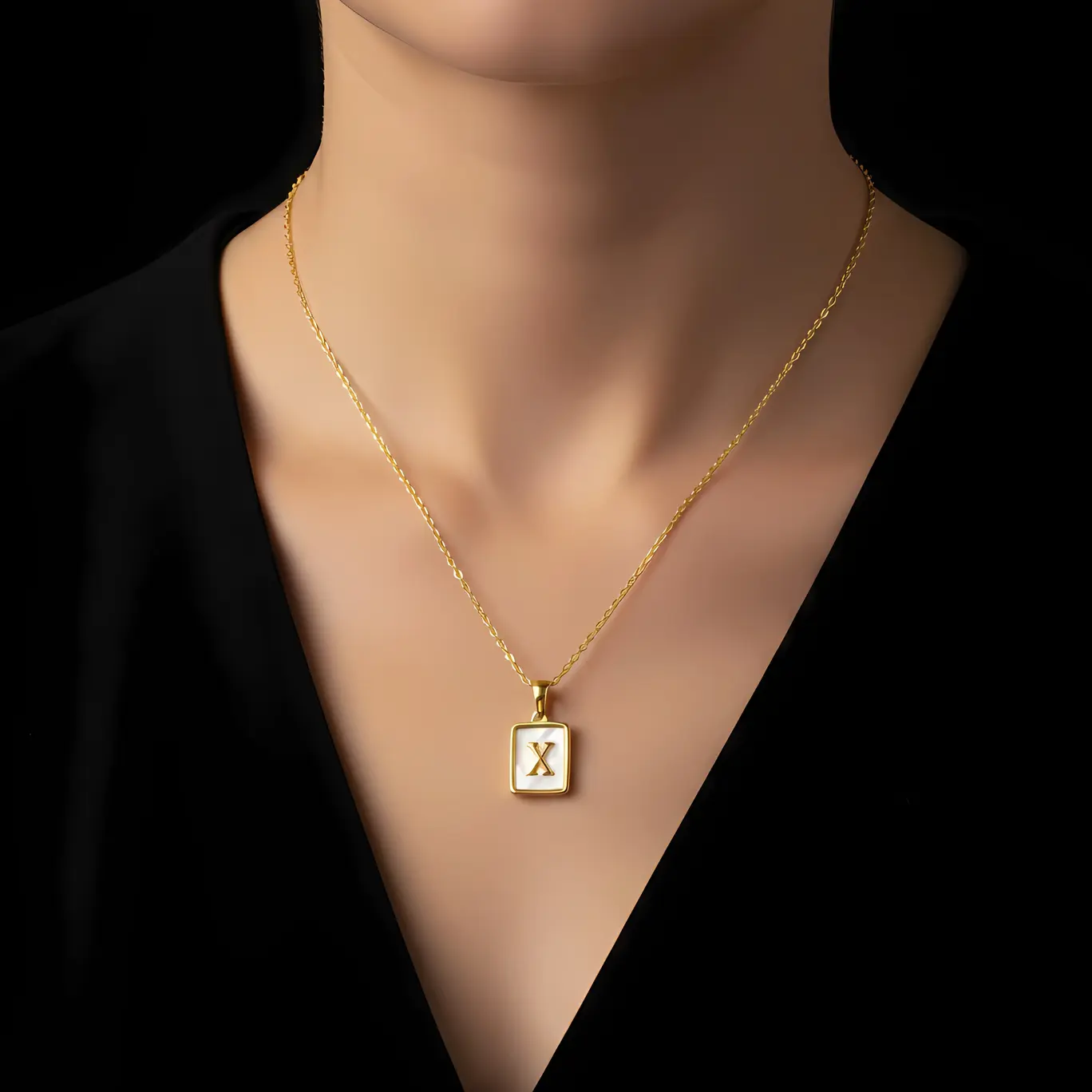 Alternative view of Gold Initial Letter X Mother of Pearl Rectangle Pendant Necklace