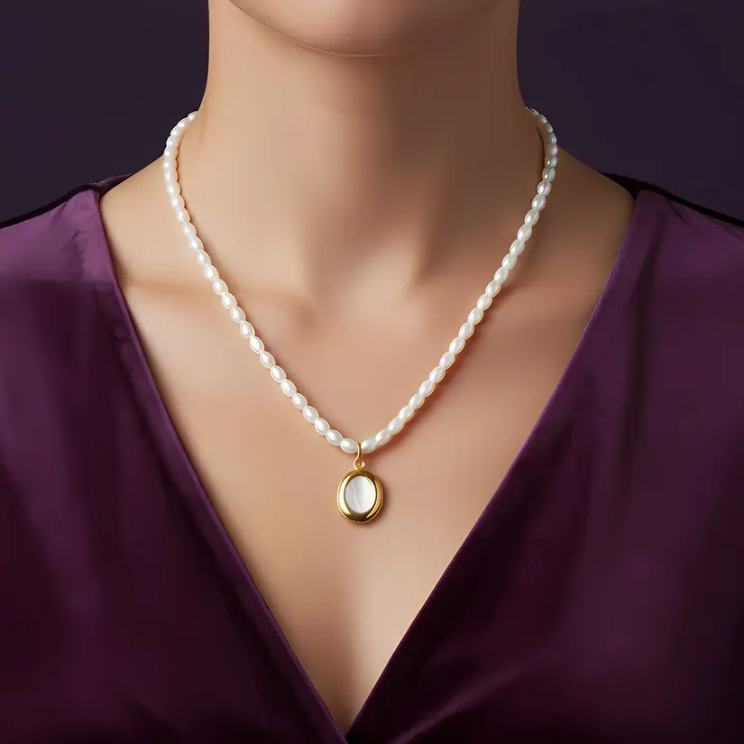 Alternative view of White Pearl Strand Necklace with Shell Pearl Oval Frame Charm
