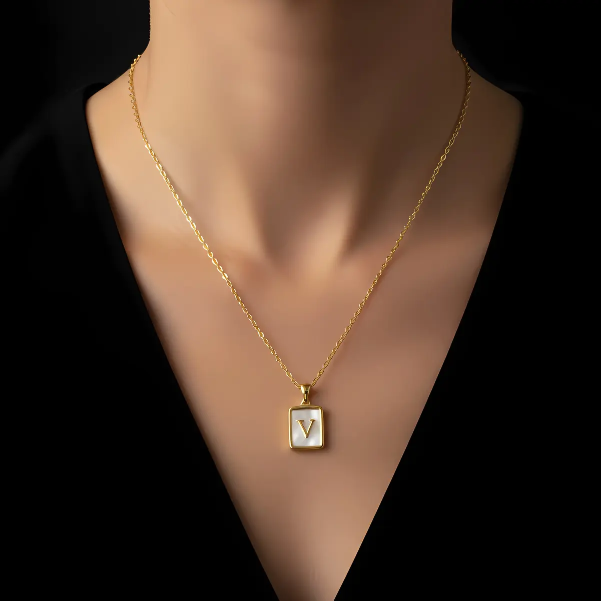 Alternative view of Gold Initial Letter V Mother of Pearl Rectangle Pendant Necklace