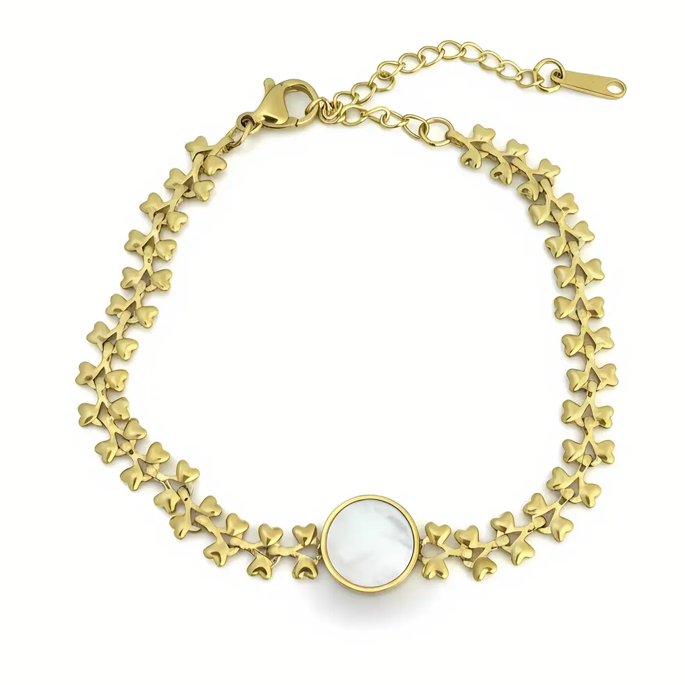 Gold Heart Link Bracelet with Mother of Pearl Center Disc