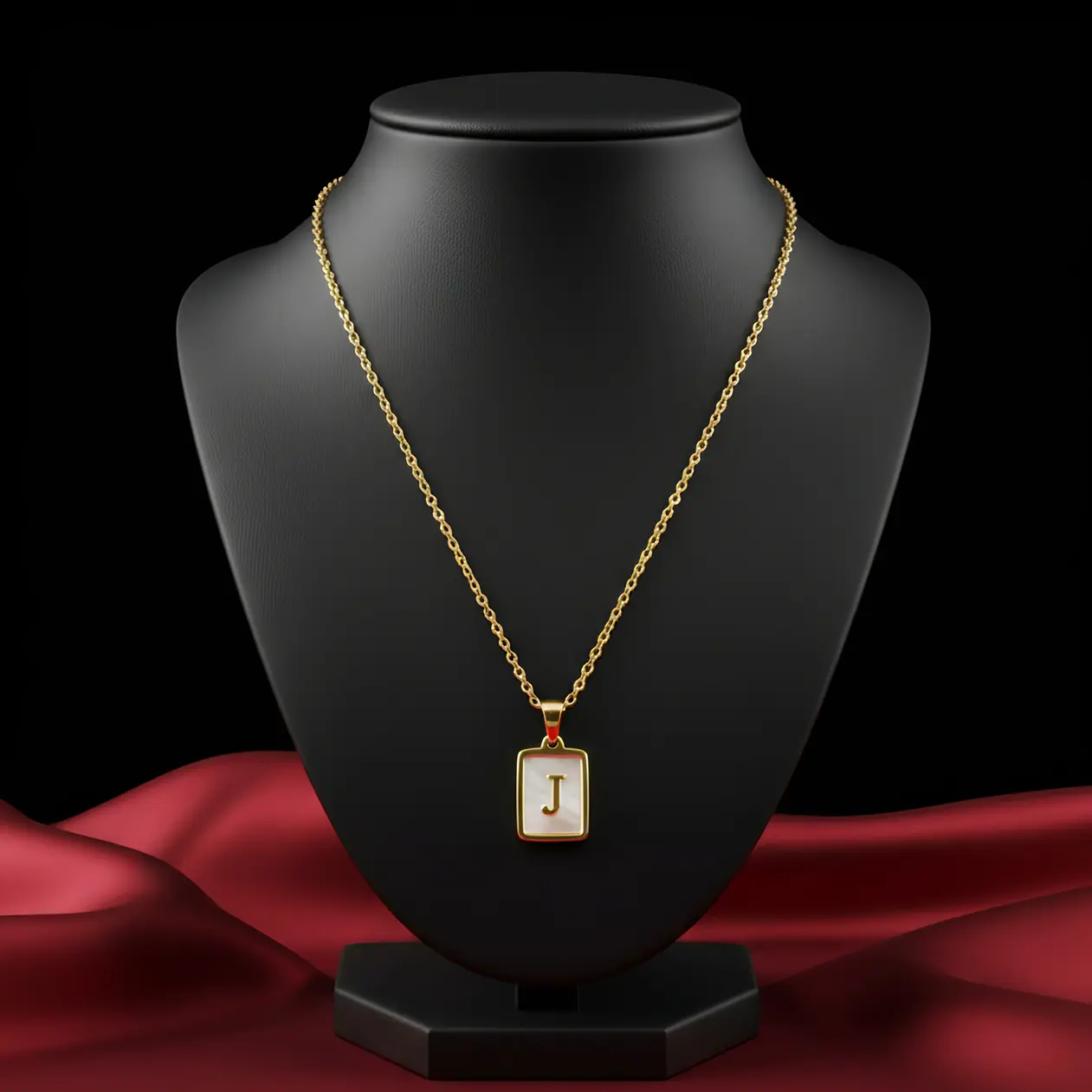 Gold Initial Letter J Mother of Pearl Rectangle Pendant Necklace - Image 3