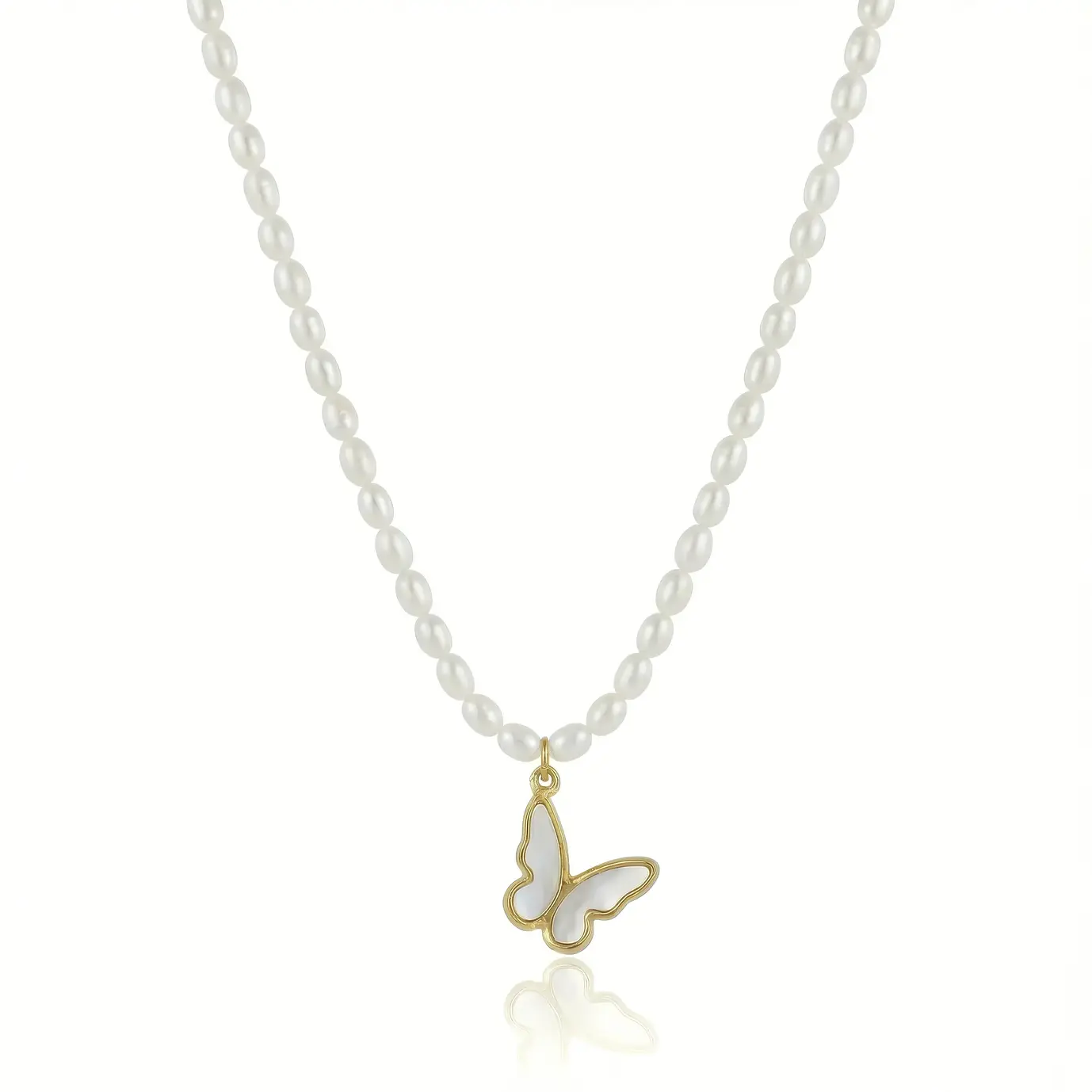 White Pearl Strand Necklace with Shell Pearl Butterfly Charm