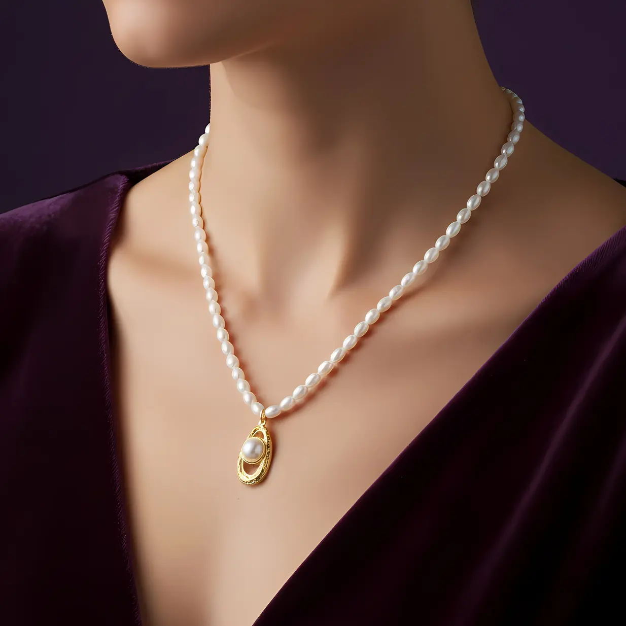 Alternative view of Pearl Beaded Necklace with Hammered Oval Pearl Pendant