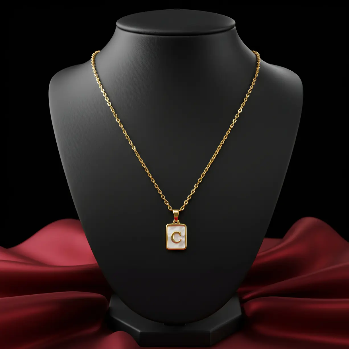 Gold Initial Letter C Mother of Pearl Rectangle Pendant Necklace - Image 3