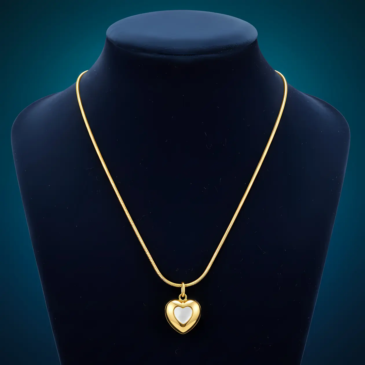 Snake Chain Necklace with Puffy Heart Shell Pearl Inlay Pendant - Image 3