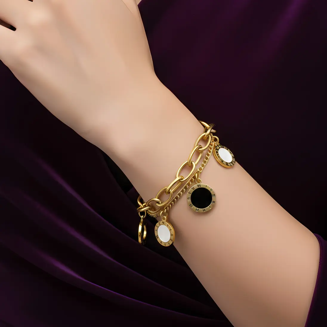 Alternative view of Layer Chain Bracelet with Roman Numeral Charms