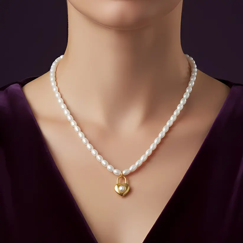 Alternative view of White Pearl Strand Necklace with Heart Padlock Pearl Charm