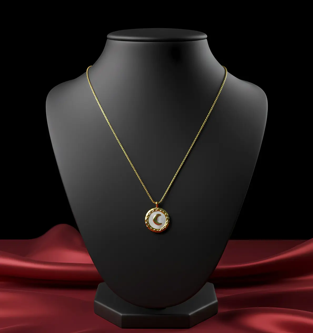 Gold Crescent Moon Mother of Pearl Disc Pendant Necklace - Image 3